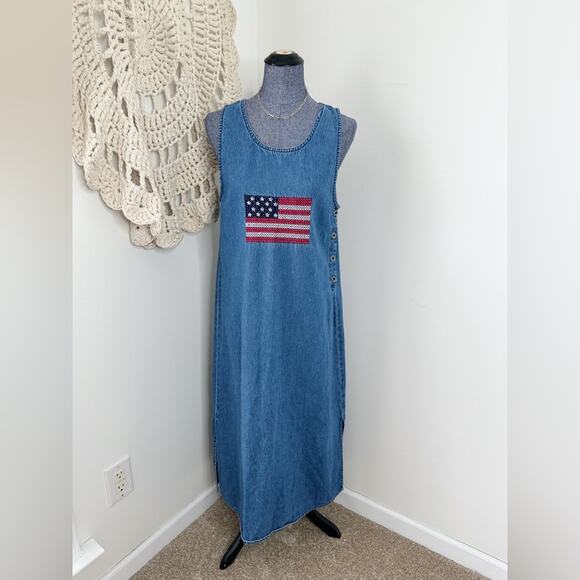 Vintage American Flag Blue Denim Jumper Dress Size Medium - Picture 1 of 6